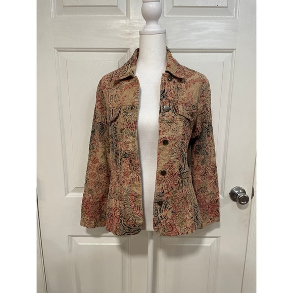 Analogy Paisley Print Embroidered Fitted Stretch Cotton Jacket Brown Tan Red M - Picture 1 of 7